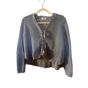 Nude Grey Lace Up Front Ribbed Cropped Sweater Cozy Relaxed Fit Knit - L